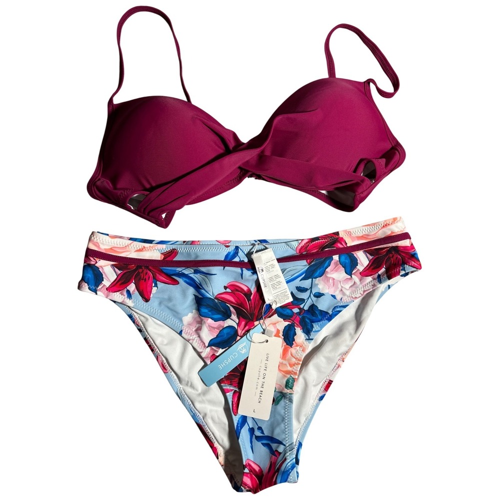 NWT Cupshe Women Burgundy Twist Bikini Top Floral Print Bottoms‎ Set Large New